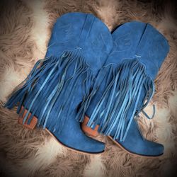 Turquoise Fringe Western Boots 🤠💙 High Quality Suede Leather! - NEW!! Size 7.5 