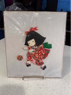 Vintage Japanese Oshie Fabric Relief Art Girl Playing Temari Ball 3D Wall Plaque 10x10