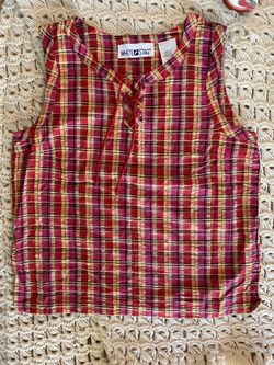 White stag Sleeveless Plaid Top Size Small Red Yellow Cotton Lave Up Neck