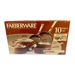 Brand New 10 Piece Red Farberware Accents Nonestick Cookware Set