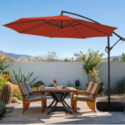 10ft Patio Umbrella with Base Included, Outdoor Offset Cantilever Umbrella with Sandbag Base for Backyard, Garden and Pool, Easy to Tilt and Crank, Re