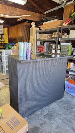 All weather outdoor woven wicker bar with glass top