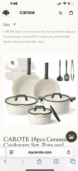 CAROTE 18pcs Ceramic Cookware Set, Pots and Pans Set, Induction Nonstick Kitchen ,Non Stick RV Cookware Set with Detachable Handle, Dishwasher/Oven Sa