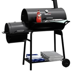 Grill with Offset Smoker Barrel Charcoal BBQ Outdoor Backyard Cooking, Black