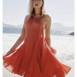 New FREE PEOPLE Catching Rays Tunic Mini Halter Dress in Coral (Medium) NWOT