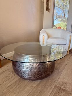 Round Hammered Metal Coffee Table with Glass Top