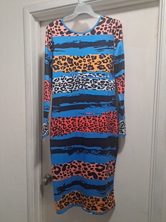 Casual Women Multicolor Leopard Print Patchwork Dress Size L