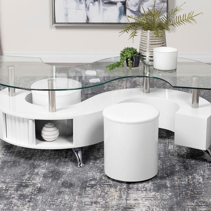 🦋NEW‼️Curved Glass Top Coffee Table With Stools White High Gloss💥