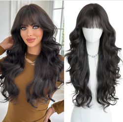PARK YUN Black Hair Long Wavy Wig With Bangs 30 Inches Sthetic Thick Wig Heat Resistant Ladies Body Wave Wigs For Black Women Natural Looking Daily Pa