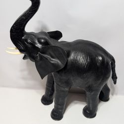 21" Black Leather Wrapped Elephant Statue with Upturned Trunk Home Decor

