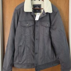 Men's XL Vegan Suede Leather Sherpa Hollister Gray Jacket New