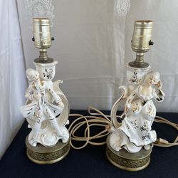 Vintage 1940 Colonial Man & Woman Porcelain with Gold Rose Gold Trim MCM Table Lamp Set.