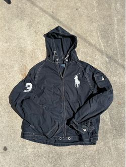 Polo Ralph Lauren Big Pony Hooded Jacket Men’s L Black #3 Utility Y2K Distressed