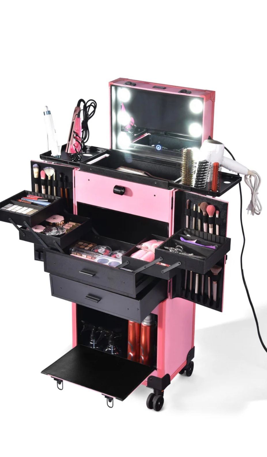 Byootique Professional Artist Rolling Makeup Case w/ Light & Mirror