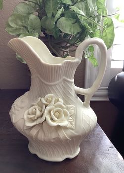 White Ceramic Decorative Pitcher with Roses – Storage Clearance