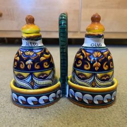 Franco Mari Deruta Italian Handcrafted Oil And Vinegar Cruet Set-SIGNED