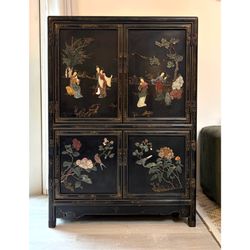 Vintage Chinese Chinoiserie Cabinet Hutch And Wall Art