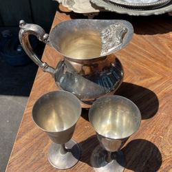 Silver Plated Pitcher And 2 Goblets