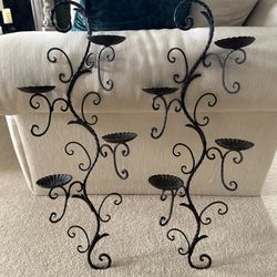 Set of 2 Vintage 30.5” Tall, Wrought Iron Wall Candle scones, Scrollwork Metal