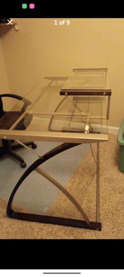 Modern Nice Sized Desk, Glass, trimmed in wood , metallic silver, Very Nice Like New but gently used