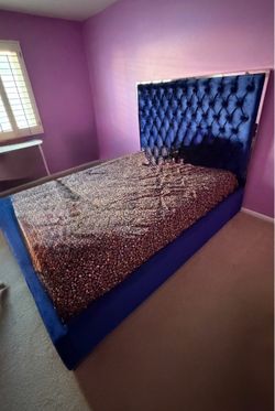 Queen Bed Frame + Mattress – Upholstered Tufted Headboard – Great Condition