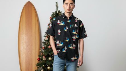 NEW Rugby University Surfing Santa Shirt Men’s MEDIUM Button up short sleeve NWT