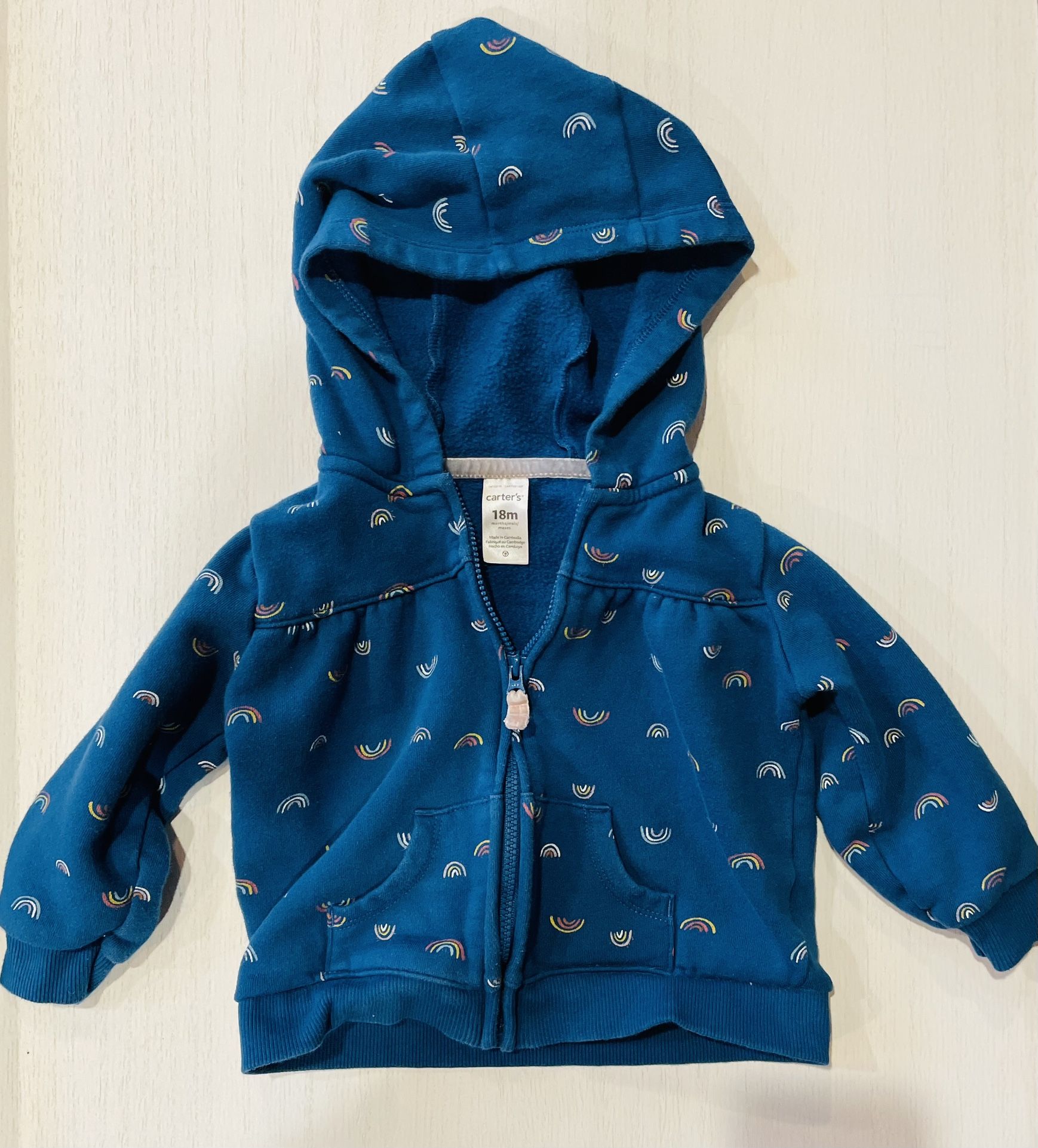 Carter’s Girl’s 18M Blue & Rainbow Light Hooded Full Zip Jacket; 80% Cotton 20% Polyester; Blue Body with Small Blue, Pink, Gold, & White Rainbows