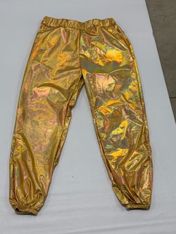 Gold Holographic Metallic Jogger Pants Shiny Iridescent Festival Trousers XL