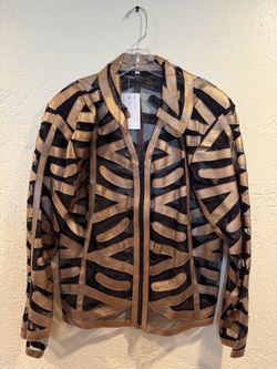 Bronze Leather Strip Mesh Zip Jacket