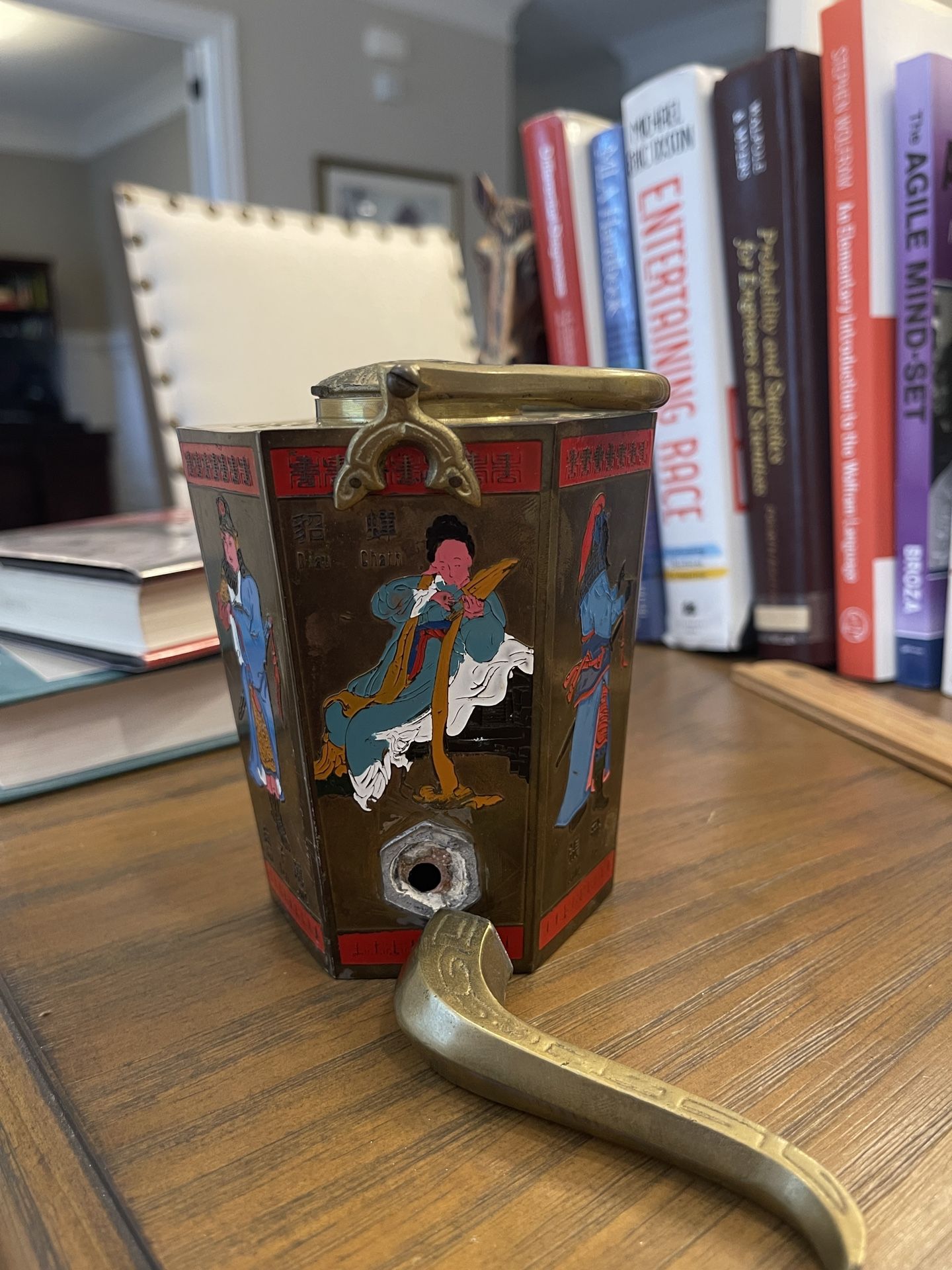 Vintage Hexagonal BRASS TEA KETTLE Enameled Asian Figures Embossed Lid