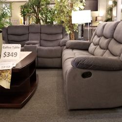 Brand New Gray Linen Manual Reclining Sofa + Loveseat 2PCs Set