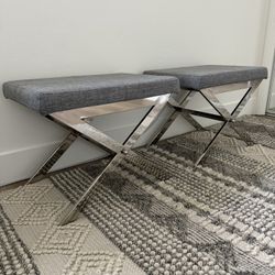 Contemporary Gray Linen Vanity Stool or Side Table
