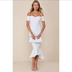 LULUS How Much I Care White Off The Shoulder Midi Dress Size SMALL NWOT