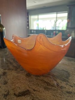 Vintage Vidrios San Miguel Spain Recycled Glass Orange Swirl Wavy Bowl