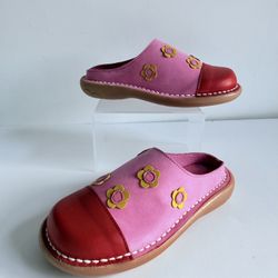 Girls Spanish Leather Clogs by De Osu Gulliver Pink Red Flower Slip-On Shoes New