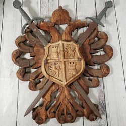 Hand Carved Wooden Coat Of Arms Wall Decor