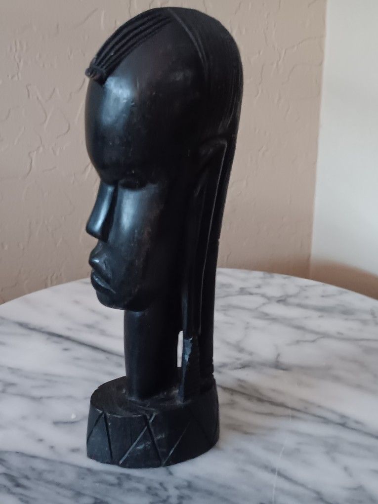$15 Vintage African Ebony Hand Carved Tribal Male Sculpture Bust. 10" Tall Great Vintage Condition