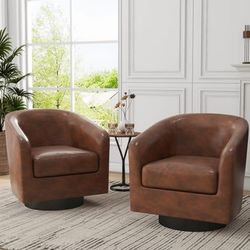UIXE Swivel Accent Chairs Set of 2, PU Leather Barrel Club Chair Upholstered Armchair for Living Room, Round Arm Chair Bedroom Single Sofa Reading Sea