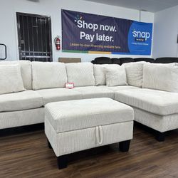 Beige Corduroy Sectional & Ottoman 