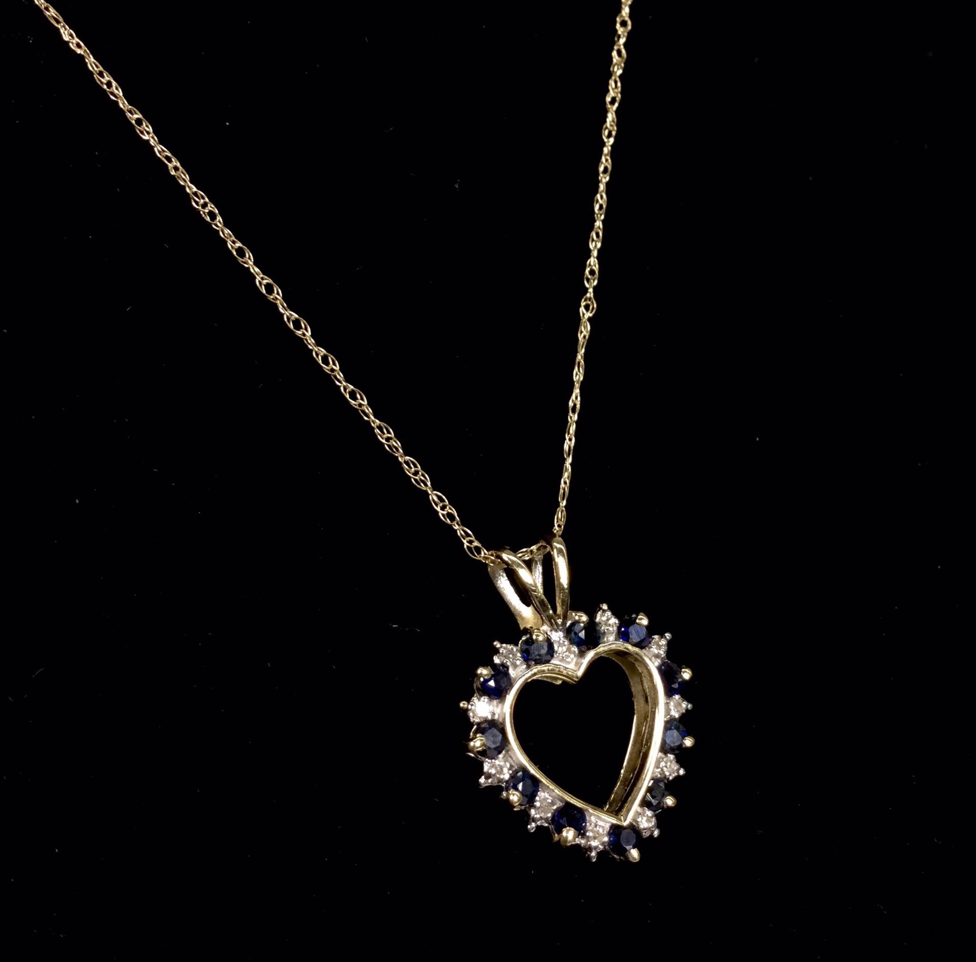 10KYG Sapphire & Diamond Heart Pendant Necklace Set