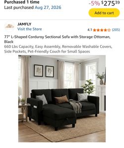 JAMFLY 77" Black Corduroy L-Shaped Sectional Sofa