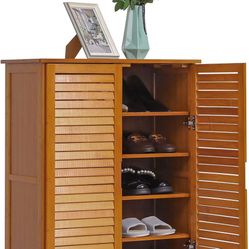 5 Tier Shoe Storage Cabinet with Shutter Doors, Bamboo Shoe Floor Storage Organizer Rack for 11-15 Pairs Entryway Hallway Mudroom, Brown