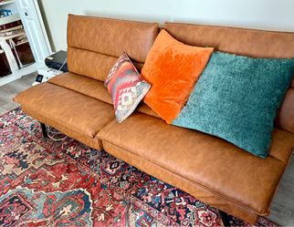 Mid-Century Modern Tan Faux Leather Futon Sofa Bed
