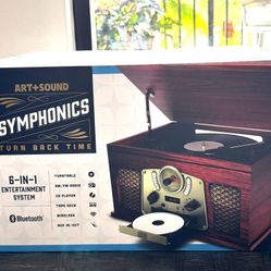 Symphonics Art + Sound 6 In 1  Bluetooth Record Player & Multimedia Center with Built-in Speakers – 3-Speed Turntable, CD & Cassette Player, AM/FM Rad