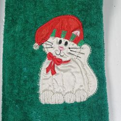 Vtg Set Of 2 Christmas Hand Dish Fingertip Towels Embroidered Cat In Santa Hat 