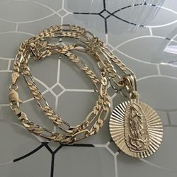 Virgin Mary Gold Plated Medallion Pendant With Chain Necklace 20” 4mm