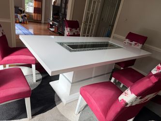 Luxury Modern White Dining Table with 6 Burgundy Floral Chairs