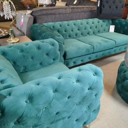 Green Velvet 3 Piece Set Sofa, Loveseat, And Chair