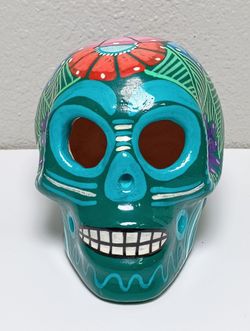 Ceramic Day Of The Dead Sugar Skull Hand-Painted 7.5" x 5" Southwest Western Boho Talavera Mexico Full Head
