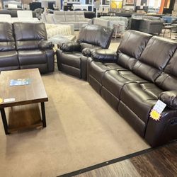 3 Pcs Brown Leather Recliner Set (Sofa, Loveseat, Chair) Dropped Down From $2500 To $1500